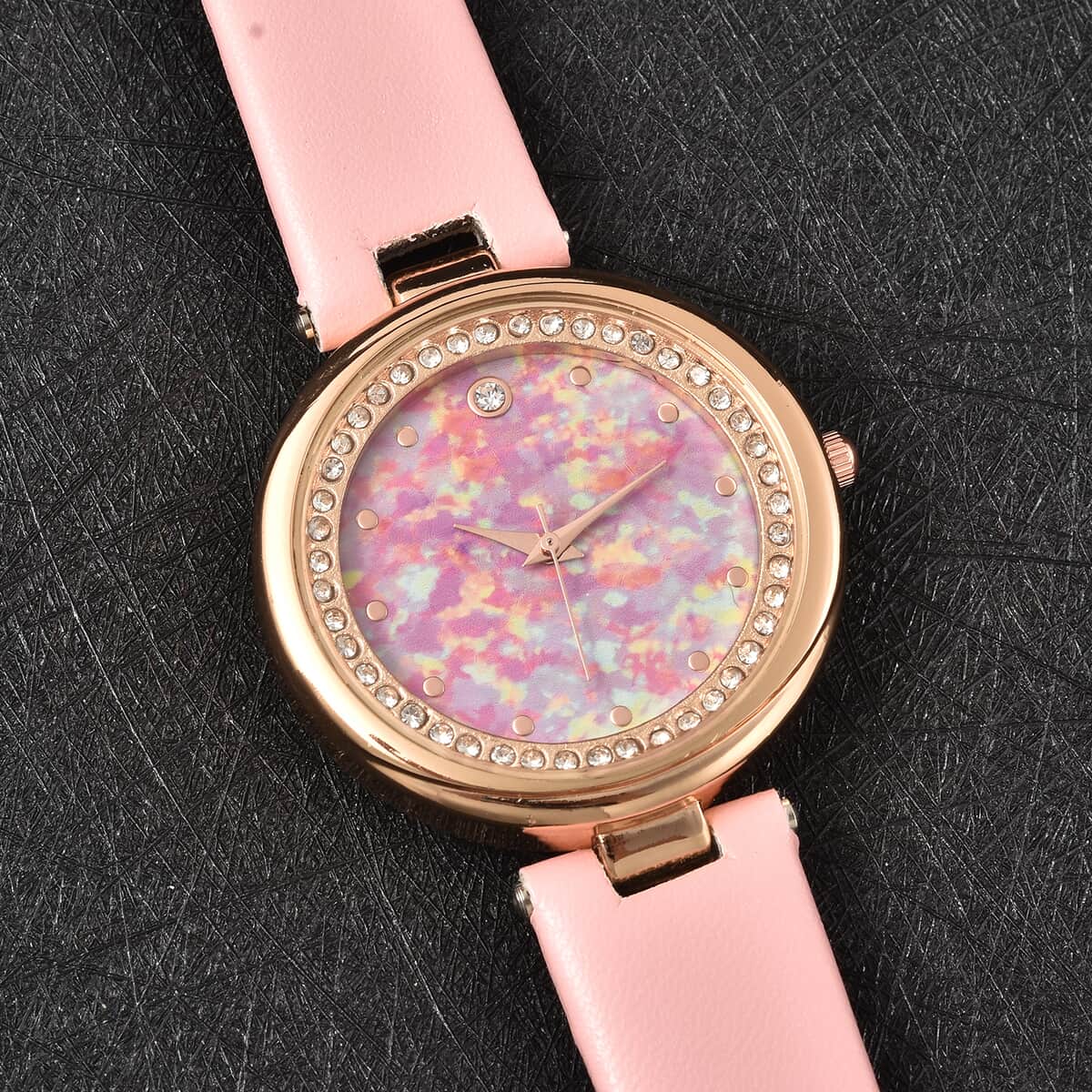 Genoa Austrian Crystal Miyota Japanese Movement Watch with Simulated Opal Dial and Pink Vegan Leather Strap image number 1