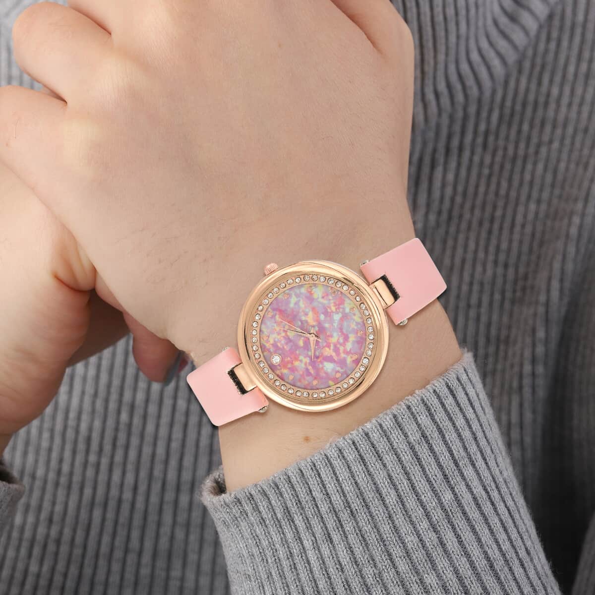 Genoa Austrian Crystal Miyota Japanese Movement Watch with Simulated Opal Dial and Pink Vegan Leather Strap image number 2