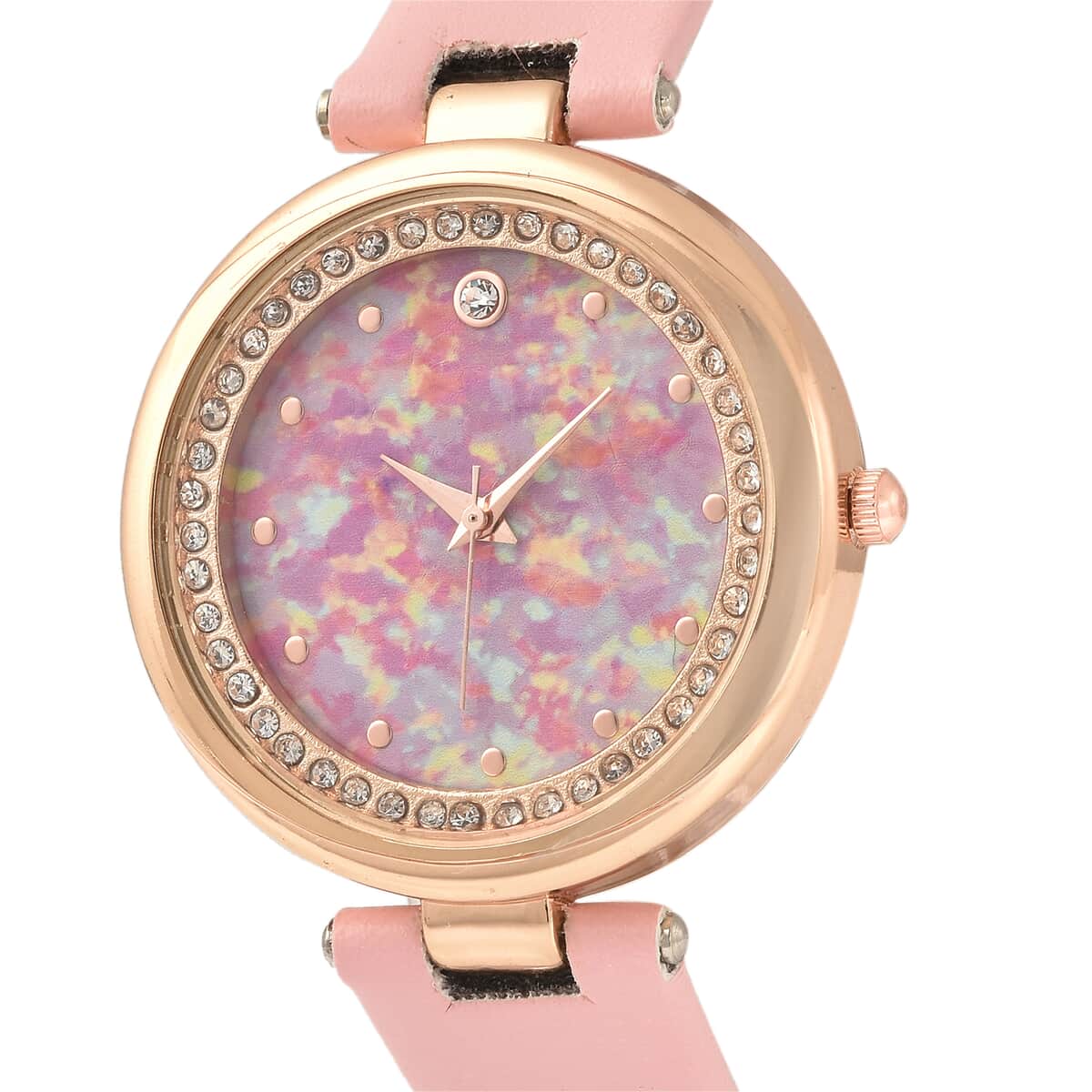 Genoa Austrian Crystal Miyota Japanese Movement Watch with Simulated Opal Dial and Pink Vegan Leather Strap image number 3