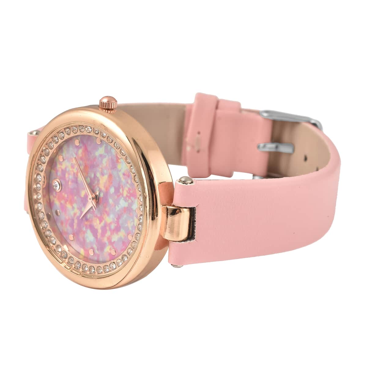 Genoa Austrian Crystal Miyota Japanese Movement Watch with Simulated Opal Dial and Pink Vegan Leather Strap image number 4