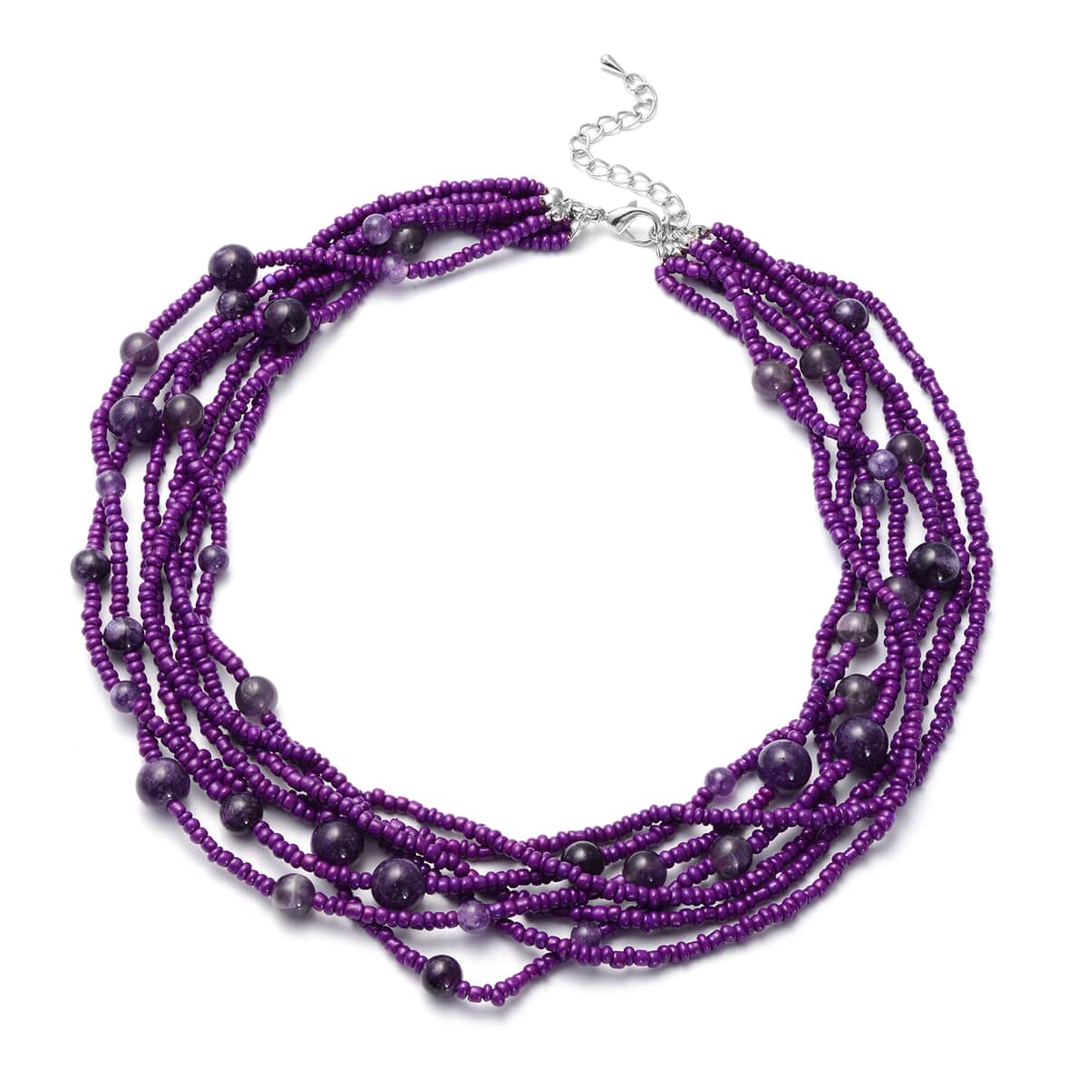 Amethyst and Simulated Purple Pearl Twisted Multi Row Beaded Station Necklace 18-20 Inches in Silvertone 130.00 ctw image number 0