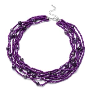 Amethyst and Simulated Purple Pearl Twisted Multi Row Beaded Station Necklace 18-20 Inches in Silvertone 130.00 ctw