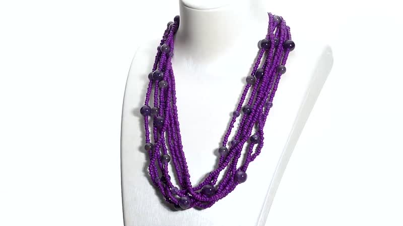 Amethyst and Simulated Purple Pearl Twisted Multi Row Beaded Station Necklace 18-20 Inches in Silvertone 130.00 ctw
