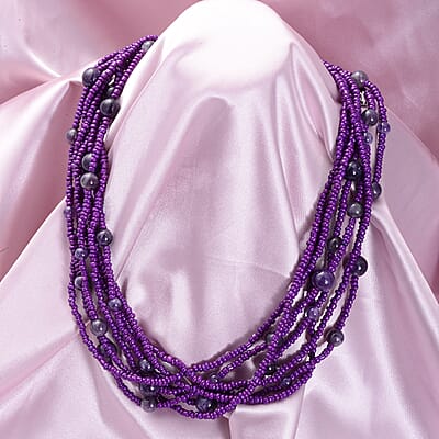 Amethyst and Simulated Purple Pearl Twisted Multi Row Beaded Station Necklace 18-20 Inches in Silvertone 130.00 ctw