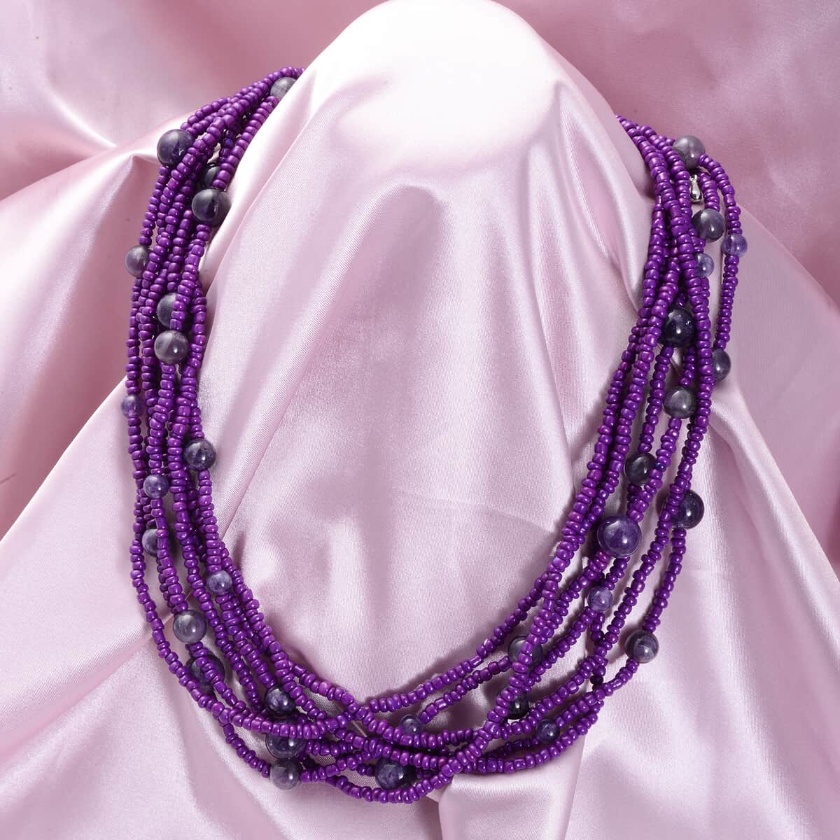 Amethyst and Simulated Purple Pearl Twisted Multi Row Beaded Station Necklace 18-20 Inches in Silvertone 130.00 ctw image number 1