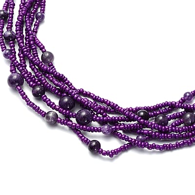 Amethyst and Simulated Purple Pearl Twisted Multi Row Beaded Station Necklace 18-20 Inches in Silvertone 130.00 ctw
