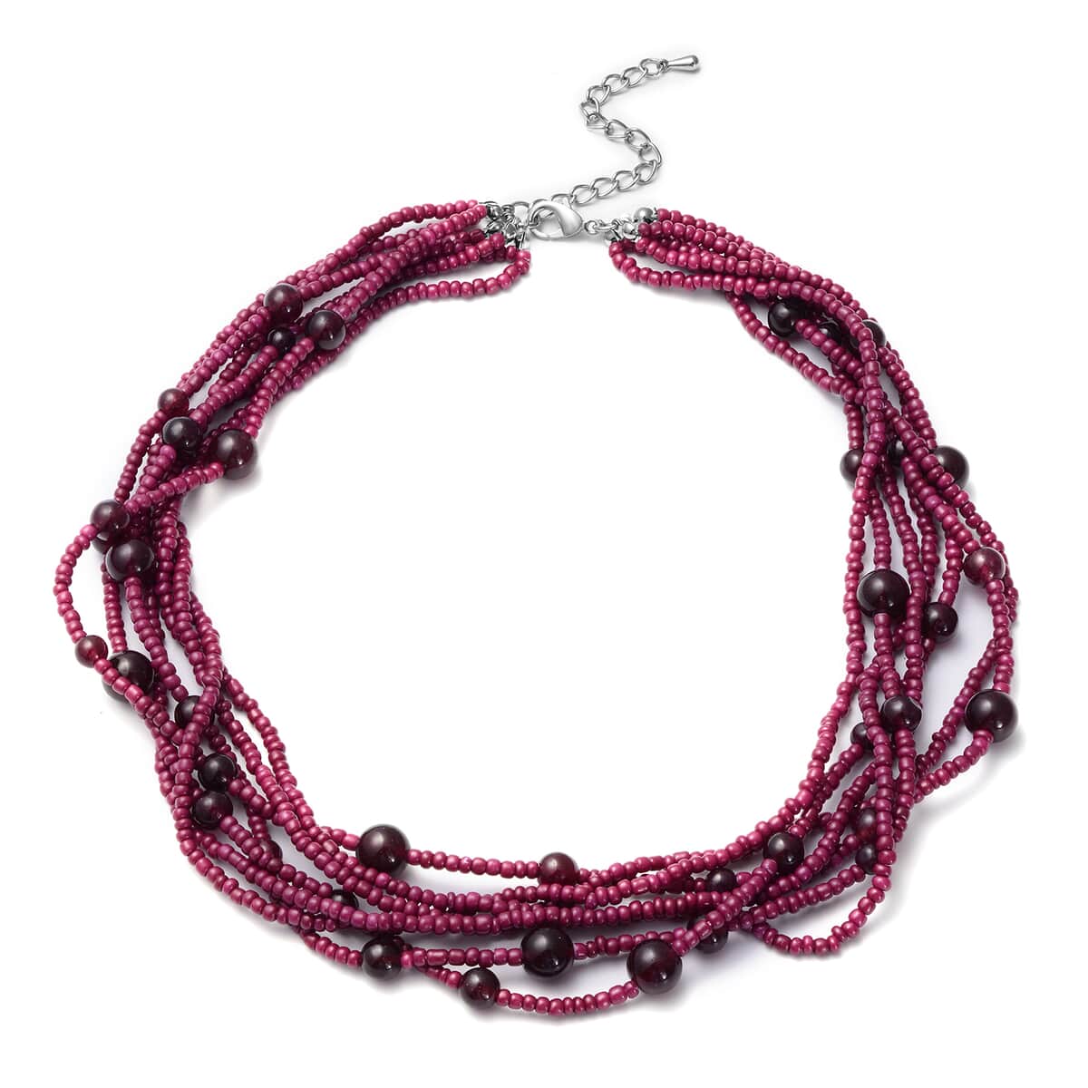 Mozambique Garnet and Simulated Red Pearl Twisted Multi Row Beaded Station Necklace 18-20 Inches in Silvertone 90.00 ctw image number 0