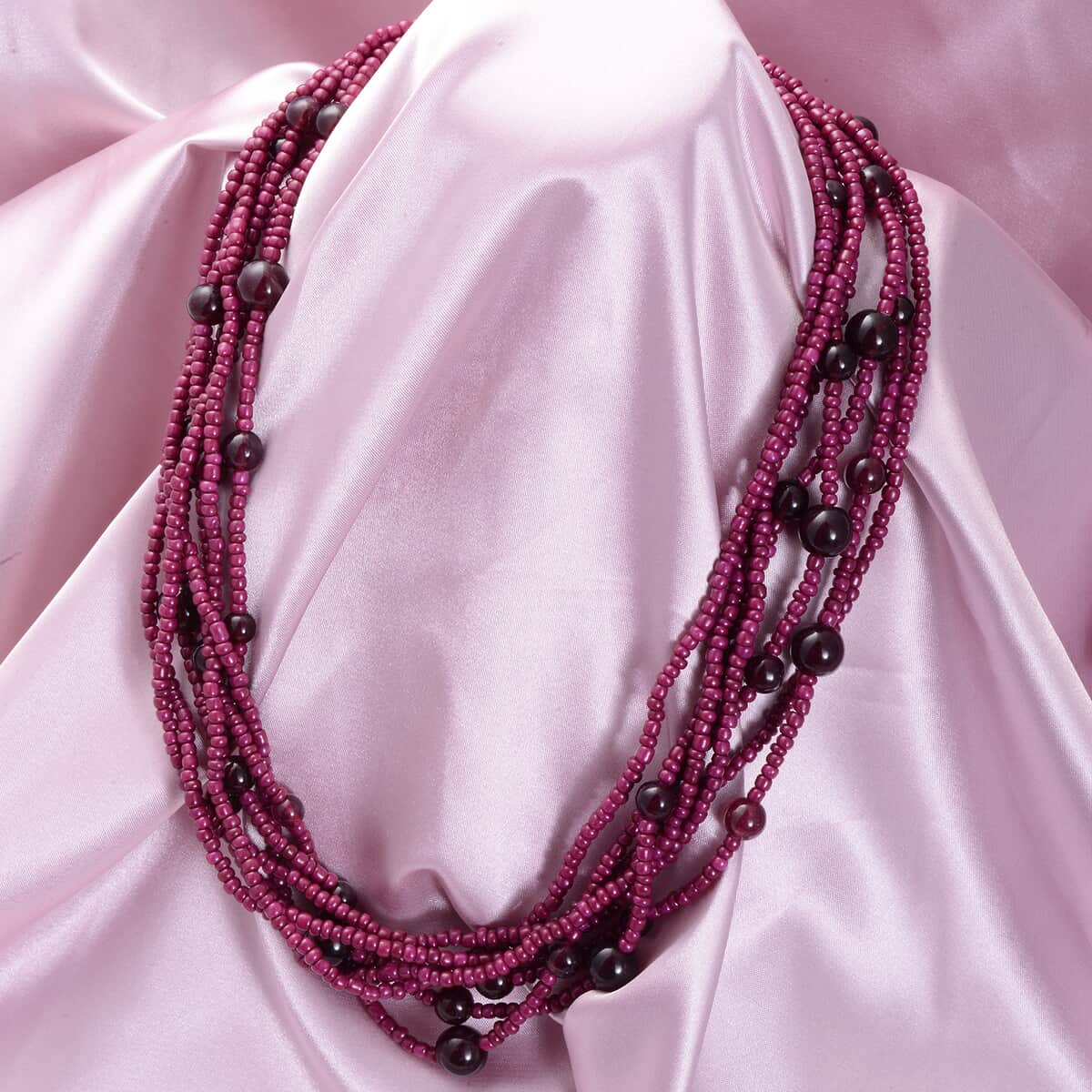 Mozambique Garnet and Simulated Red Pearl Twisted Multi Row Beaded Station Necklace 18-20 Inches in Silvertone 90.00 ctw image number 1
