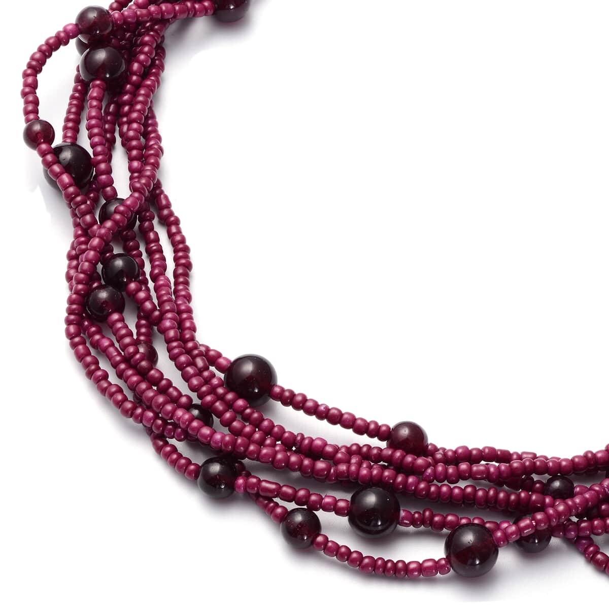 Mozambique Garnet and Simulated Red Pearl Twisted Multi Row Beaded Station Necklace 18-20 Inches in Silvertone 90.00 ctw image number 2