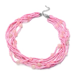 Galilea Rose Quartz and Simulated Pink Pearl Twisted Multi Row Beaded Station Necklace 18-20 Inches in Silvertone 144.50 ctw