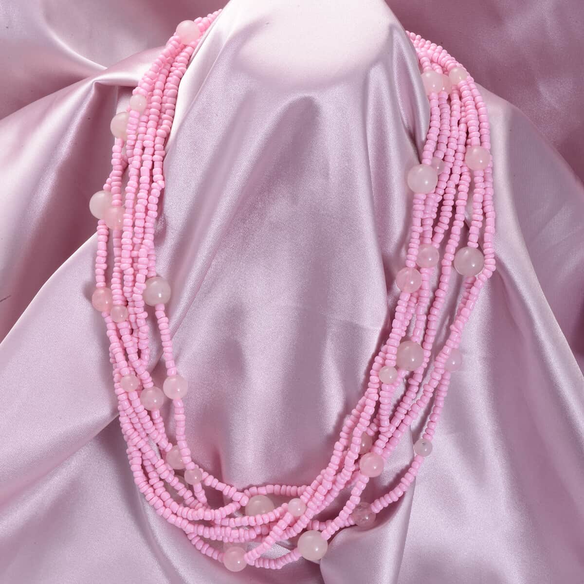 Galilea Rose Quartz and Simulated Pink Pearl Twisted Multi Row Beaded Station Necklace 18-20 Inches in Silvertone 144.50 ctw image number 1