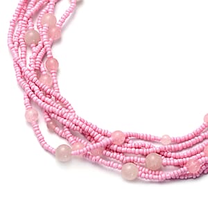 Galilea Rose Quartz and Simulated Pink Pearl Twisted Multi Row Beaded Station Necklace 18-20 Inches in Silvertone 144.50 ctw