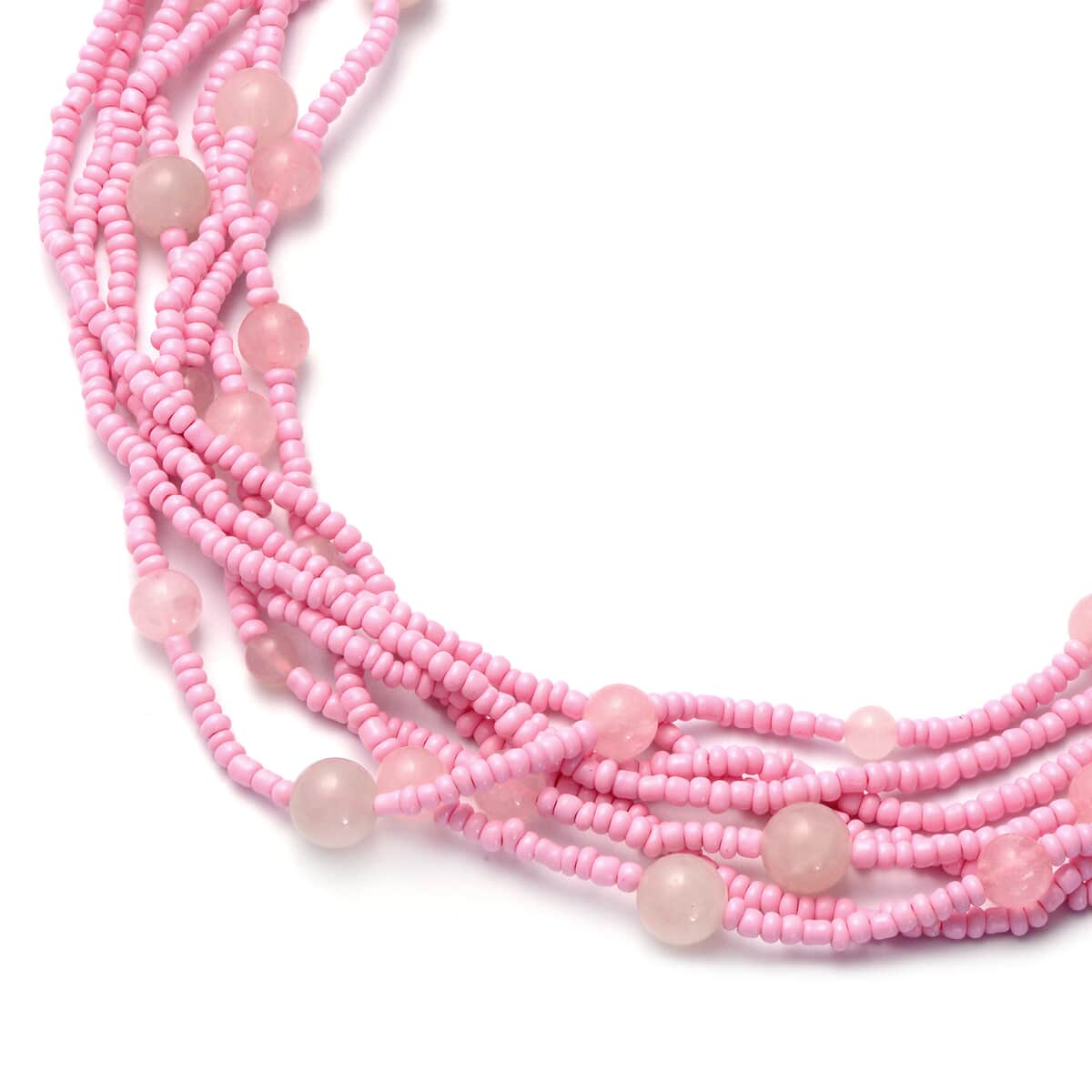 Galilea Rose Quartz and Simulated Pink Pearl Twisted Multi Row Beaded Station Necklace 18-20 Inches in Silvertone 144.50 ctw image number 2