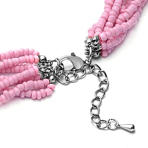 Galilea Rose Quartz and Simulated Pink Pearl Twisted Multi Row Beaded Station Necklace 18-20 Inches in Silvertone 144.50 ctw