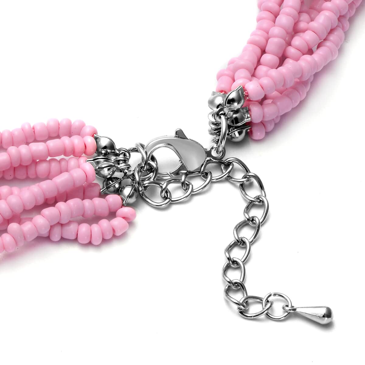 Galilea Rose Quartz and Simulated Pink Pearl Twisted Multi Row Beaded Station Necklace 18-20 Inches in Silvertone 144.50 ctw image number 3