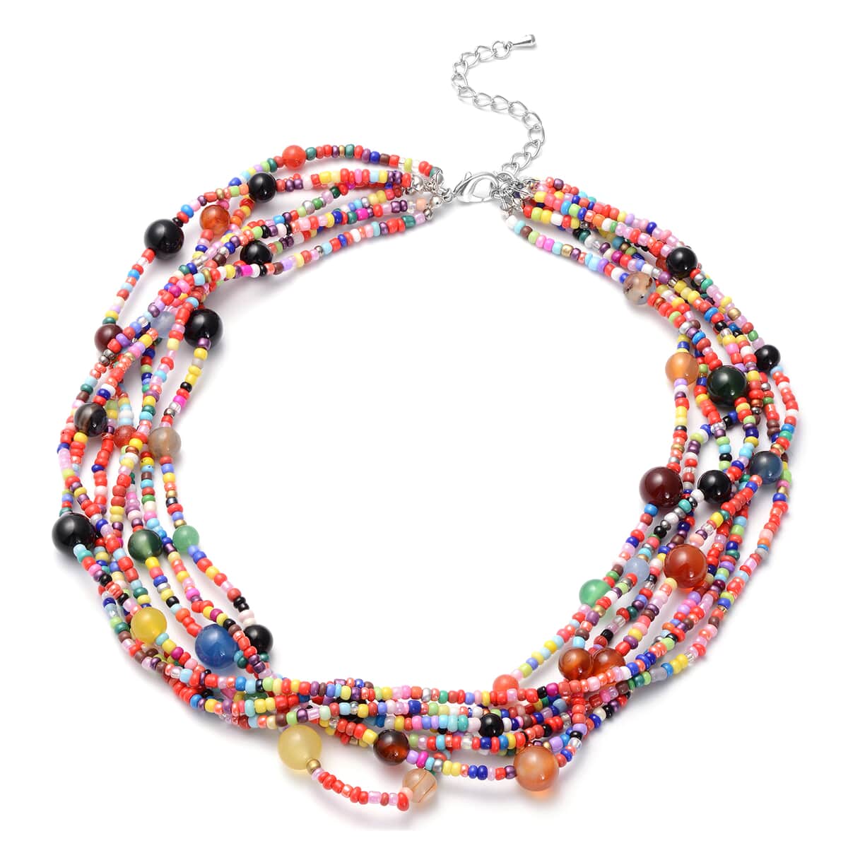 Multi Agate and Simulated Multi Color Pearl Twisted Multi Row Beaded Station Necklace 18-20 Inches in Silvertone 98.50 ctw image number 0
