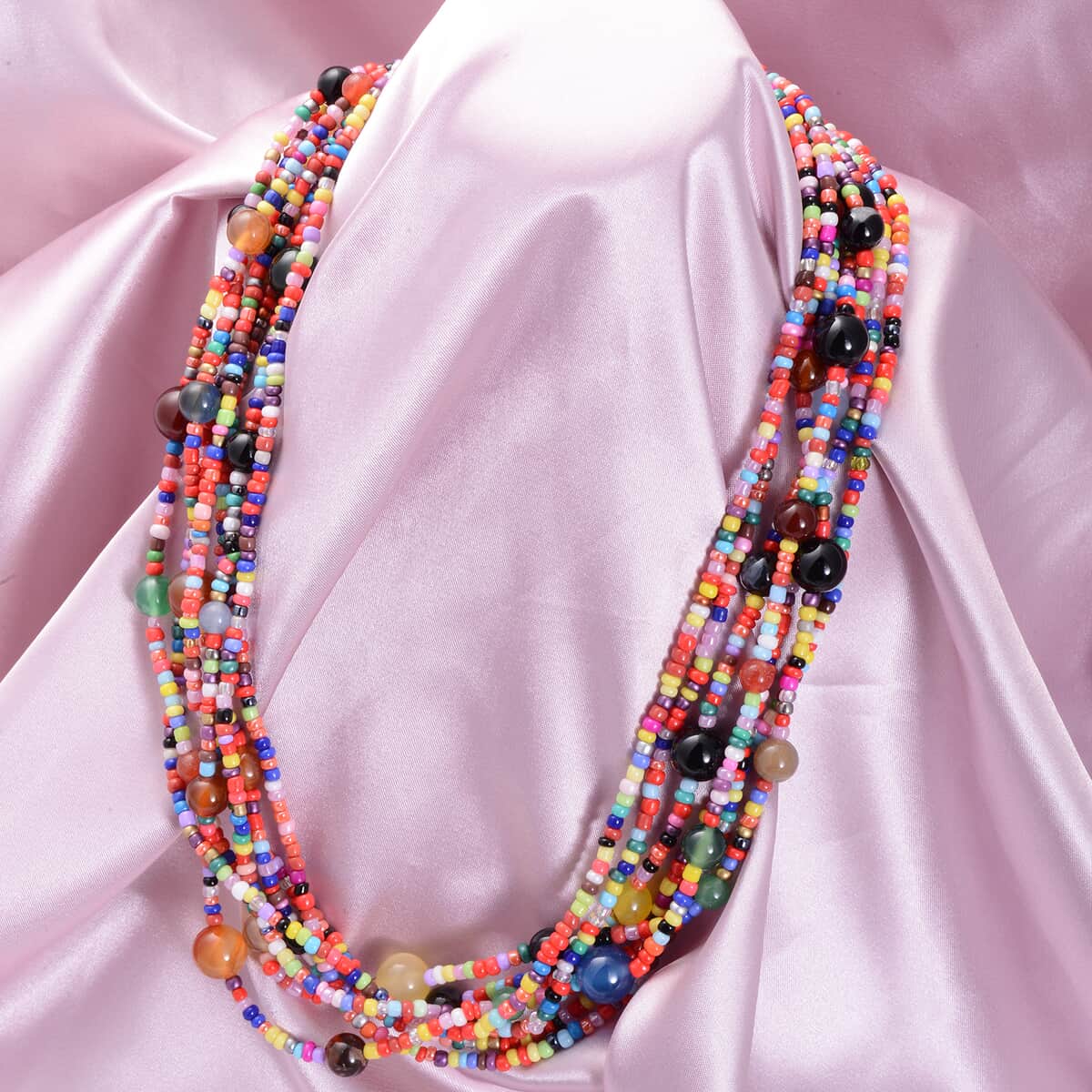 Multi Agate and Simulated Multi Color Pearl Twisted Multi Row Beaded Station Necklace 18-20 Inches in Silvertone 98.50 ctw image number 1