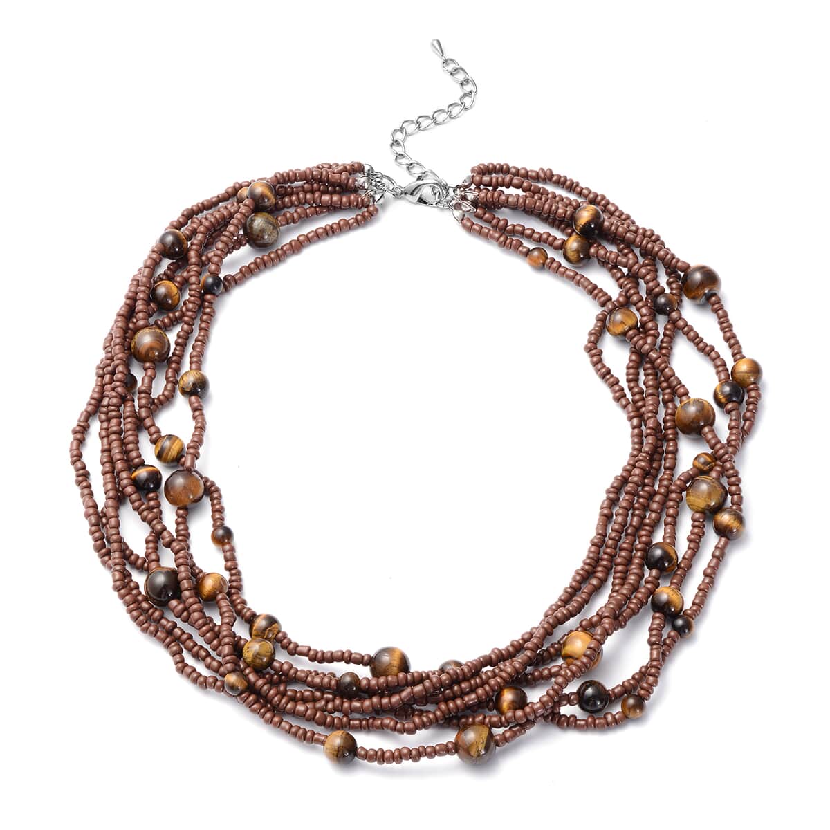 Yellow Tiger's Eye and Simulated Brown Pearl Twisted Multi Row Beaded Station Necklace 18-20 Inches in Silvertone 156.50 ctw image number 0