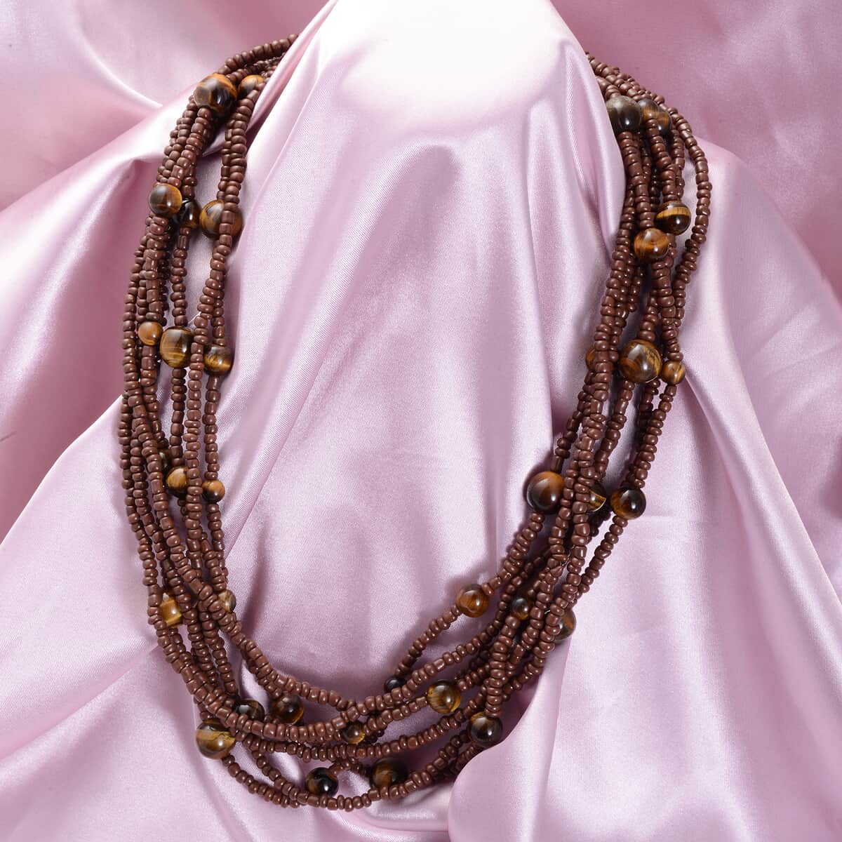 Yellow Tiger's Eye and Simulated Brown Pearl Twisted Multi Row Beaded Station Necklace 18-20 Inches in Silvertone 156.50 ctw image number 1