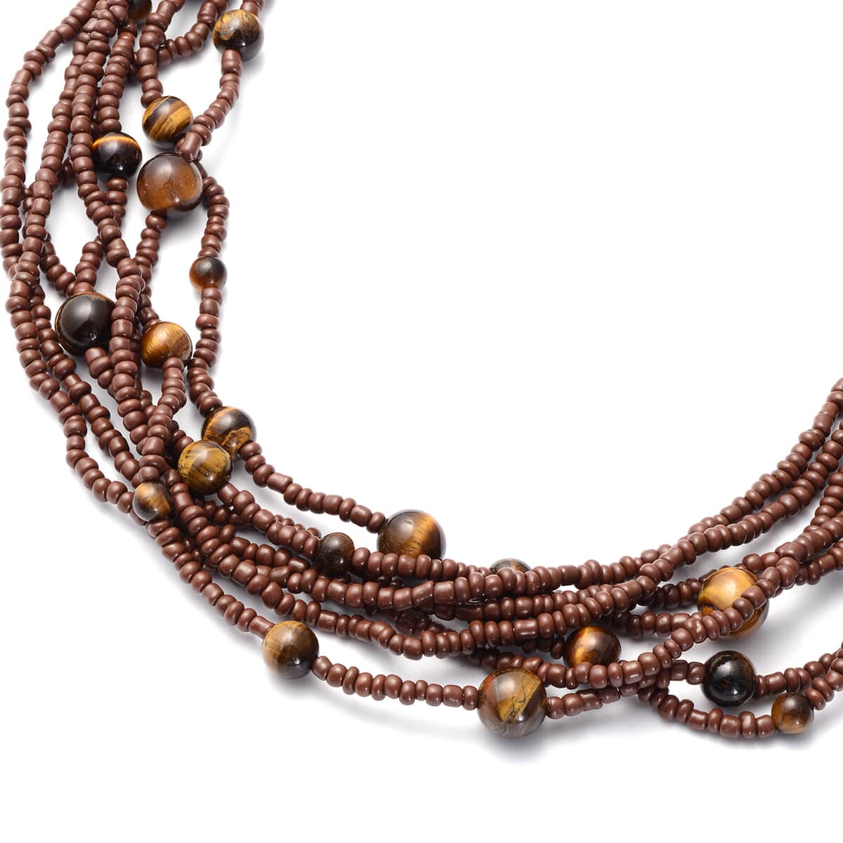Yellow Tiger's Eye and Simulated Brown Pearl Twisted Multi Row Beaded Station Necklace 18-20 Inches in Silvertone 156.50 ctw image number 2