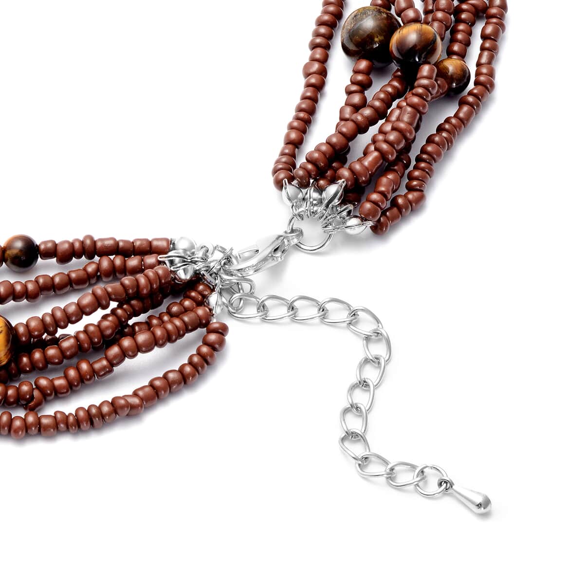Yellow Tiger's Eye and Simulated Brown Pearl Twisted Multi Row Beaded Station Necklace 18-20 Inches in Silvertone 156.50 ctw image number 3