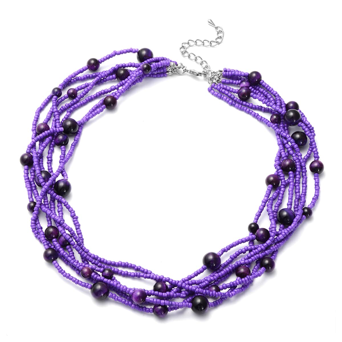 Purple Tiger's Eye and Simulated Purple Pearl Twisted Multi Row Beaded Station Necklace 18-20 Inches in Silvertone 86.50 ctw image number 0