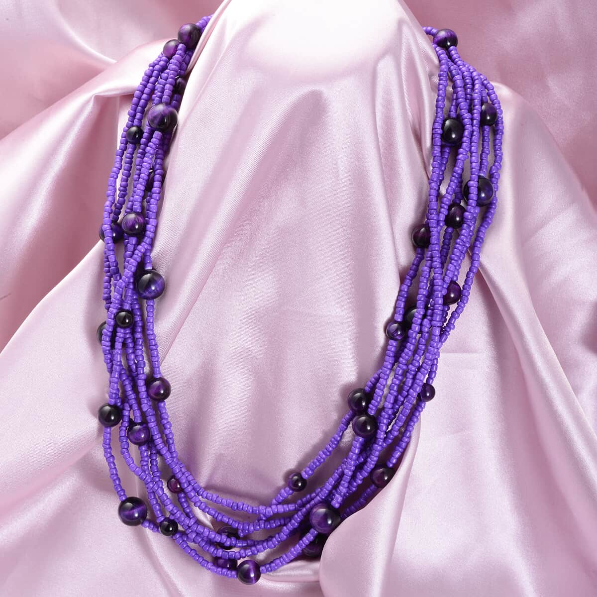 Purple Tiger's Eye and Simulated Purple Pearl Twisted Multi Row Beaded Station Necklace 18-20 Inches in Silvertone 86.50 ctw image number 1