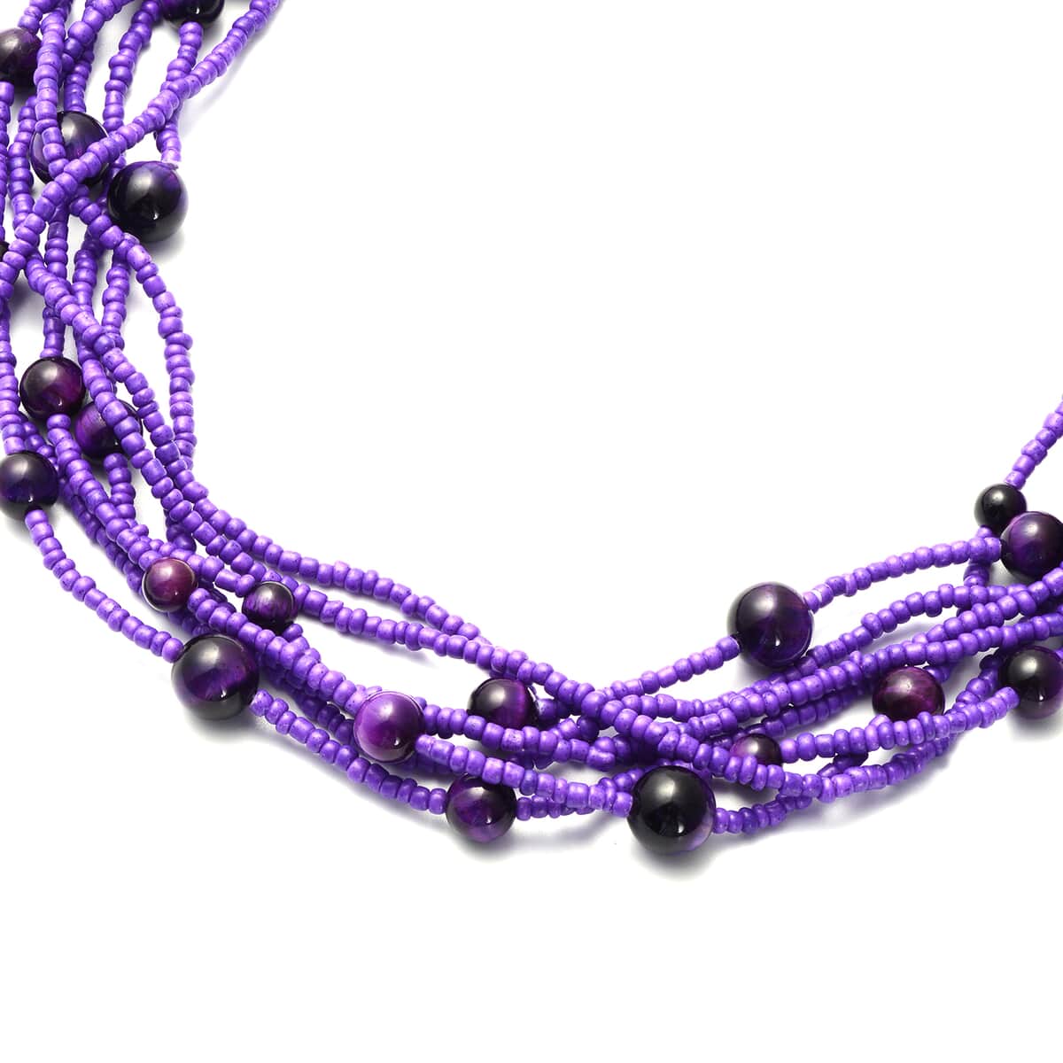 Purple Tiger's Eye and Simulated Purple Pearl Twisted Multi Row Beaded Station Necklace 18-20 Inches in Silvertone 86.50 ctw image number 2