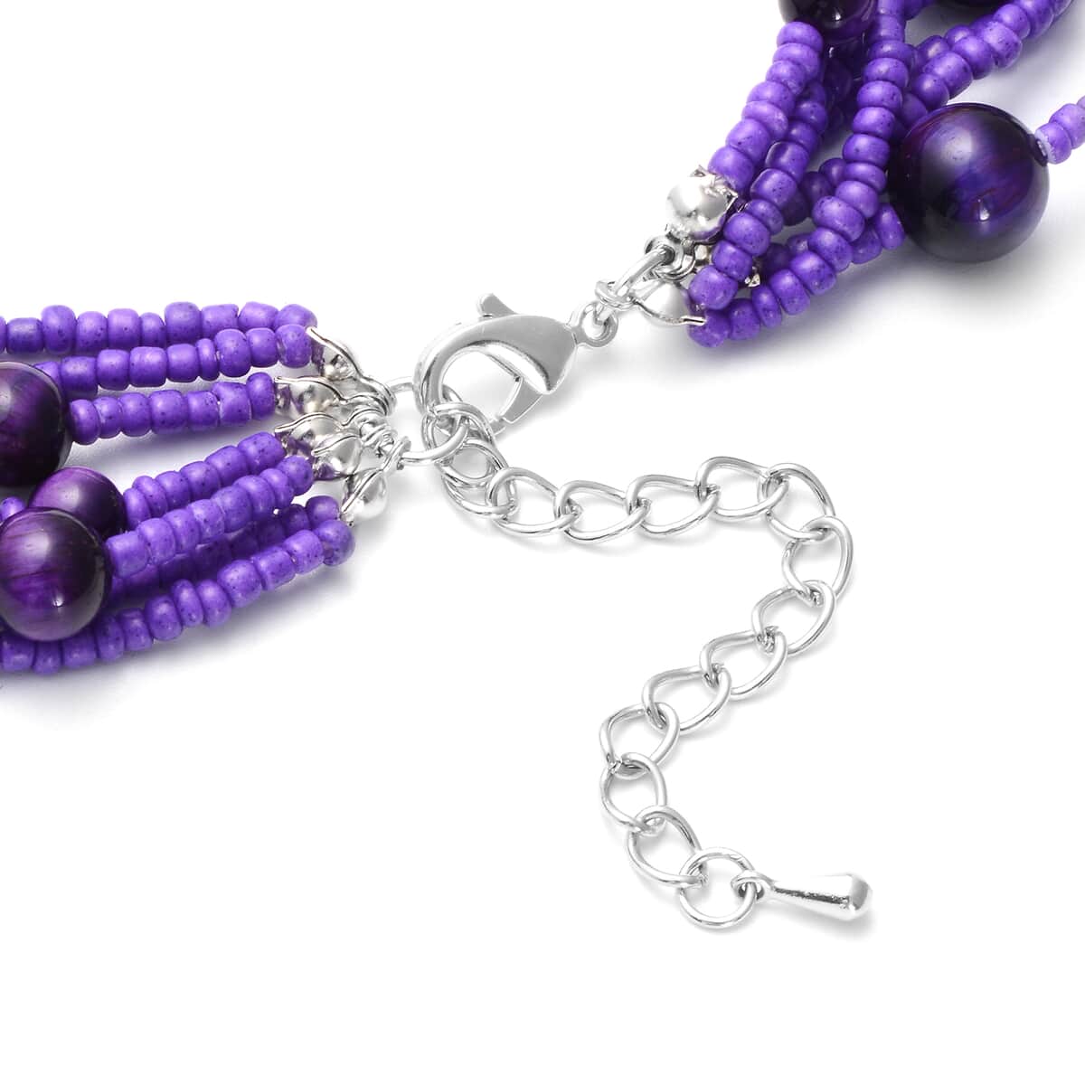 Purple Tiger's Eye and Simulated Purple Pearl Twisted Multi Row Beaded Station Necklace 18-20 Inches in Silvertone 86.50 ctw image number 3