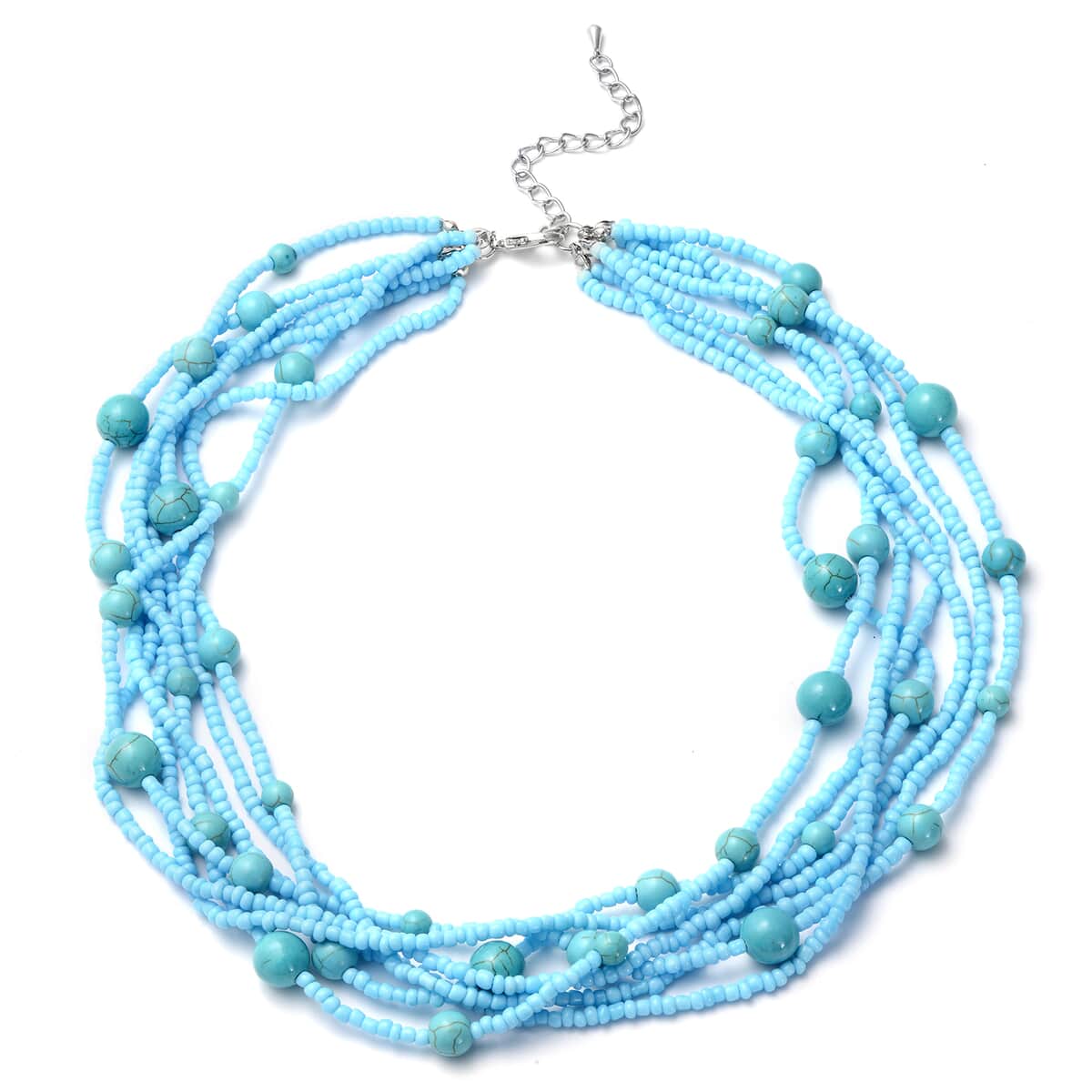 Blue Howlite 80.50 ctw and Simulated Blue Pearl Twisted Multi Row Beaded Station Necklace 18-20 Inches in Silvertone image number 0