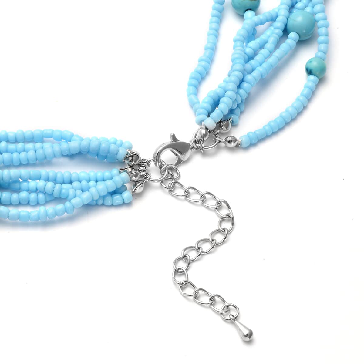 Blue Howlite 80.50 ctw and Simulated Blue Pearl Twisted Multi Row Beaded Station Necklace 18-20 Inches in Silvertone image number 3