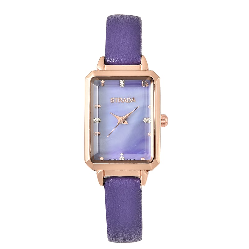 Strada Austrian Crystal Japanese Movement Watch with Purple Faux Leather Strap