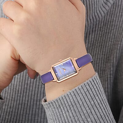 Strada Austrian Crystal Japanese Movement Watch with Purple Faux Leather Strap