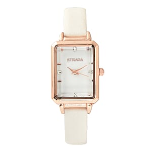 Strada Austrian Crystal Japanese Movement Watch with White Faux Leather Strap