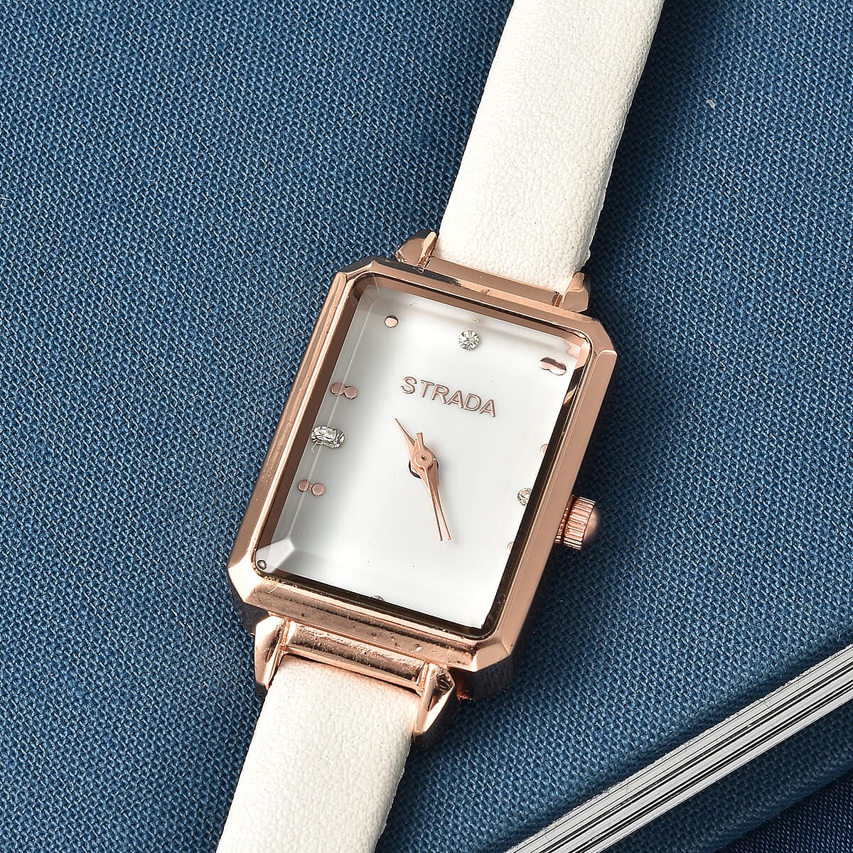 Strada Austrian Crystal Japanese Movement Watch with White Faux Leather Strap image number 1