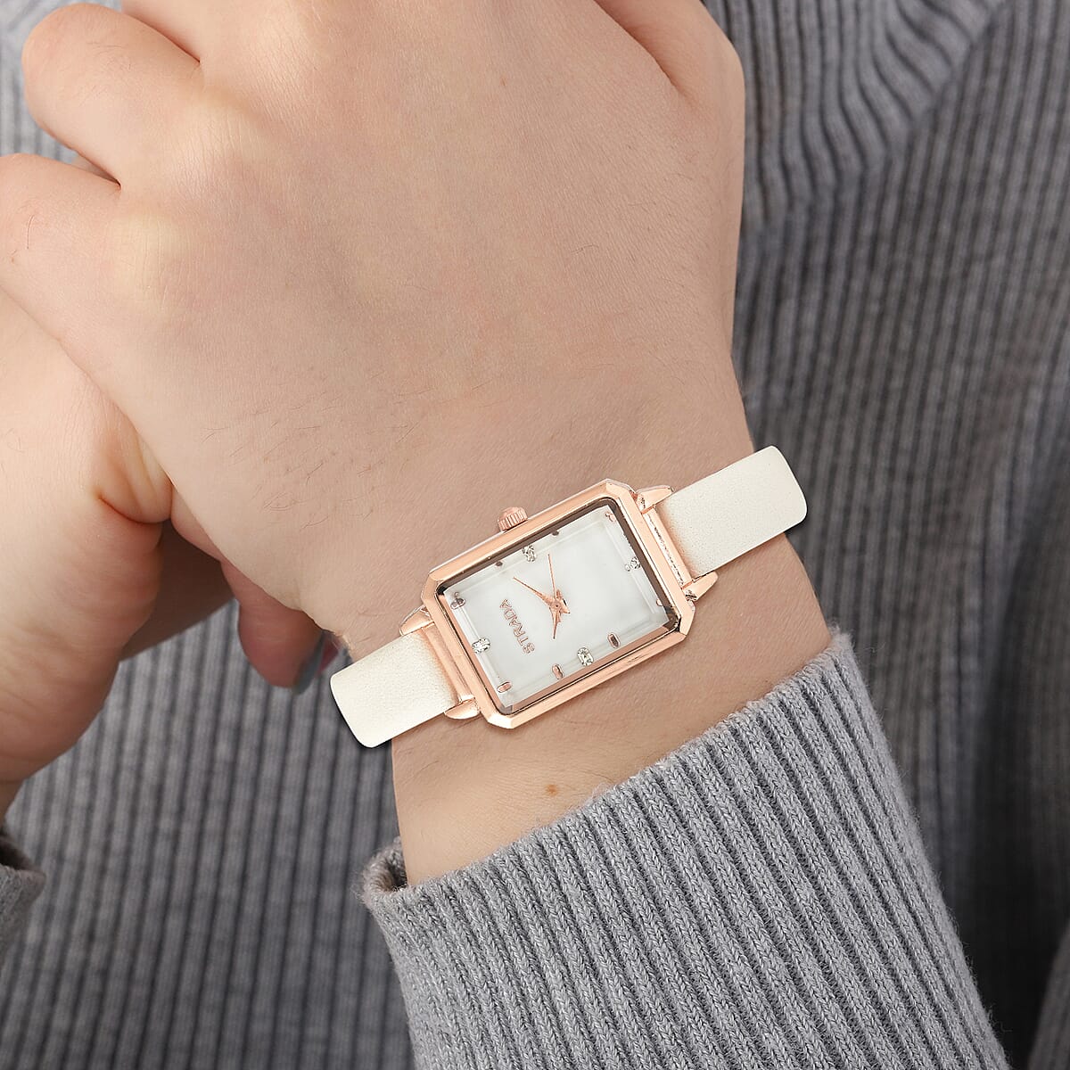 Strada Austrian Crystal Japanese Movement Watch with White Faux Leather Strap image number 2