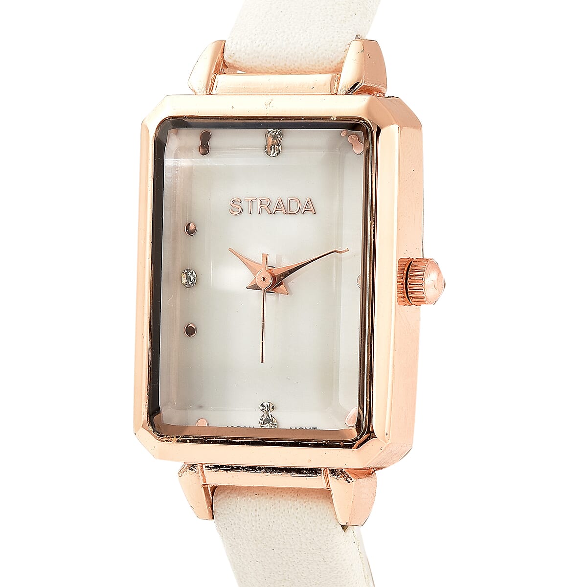 Strada Austrian Crystal Japanese Movement Watch with White Faux Leather Strap image number 3