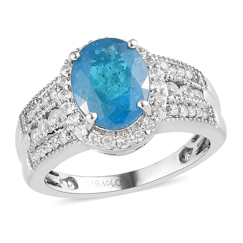 Malgache Neon Apatite and Natural White Zircon Cocktail Ring in Sterling Silver (Size 10.0) 3.50 ctw