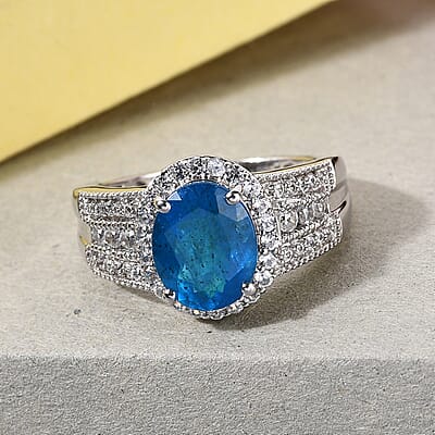 Malgache Neon Apatite and Natural White Zircon Cocktail Ring in Sterling Silver (Size 10.0) 3.50 ctw