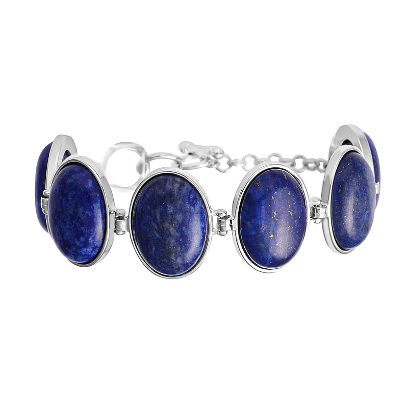 Lapis Lazuli Station Bracelet in Silvertone (7.50-8.50In) 150.00 ctw