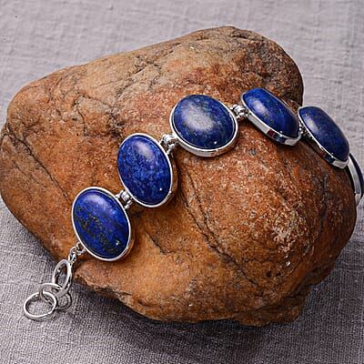 Lapis Lazuli Station Bracelet in Silvertone (7.50-8.50In) 150.00 ctw
