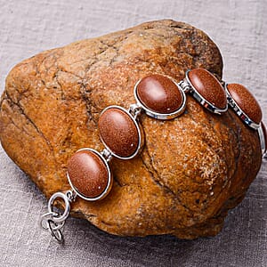 Gold Sandstone 122.00 ctw Station Bracelet in Silvertone (7.50-8.50In)