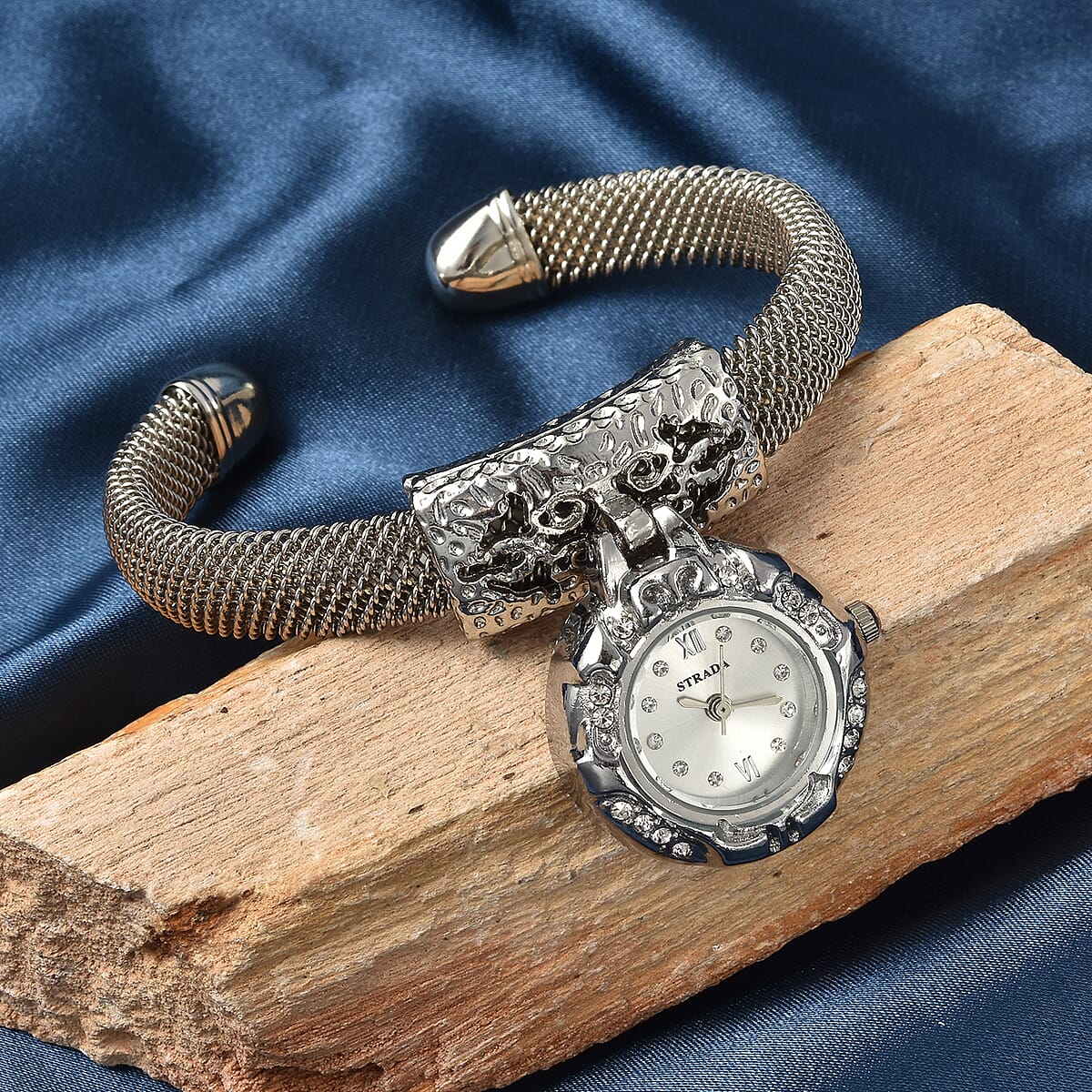 STRADA 10th ANNIVERSARY SPECIAL White Austrian Crystal Japanese Movement Dangling Dial Cuff Bangle Watch in Silvertone (6.50 In) image number 1
