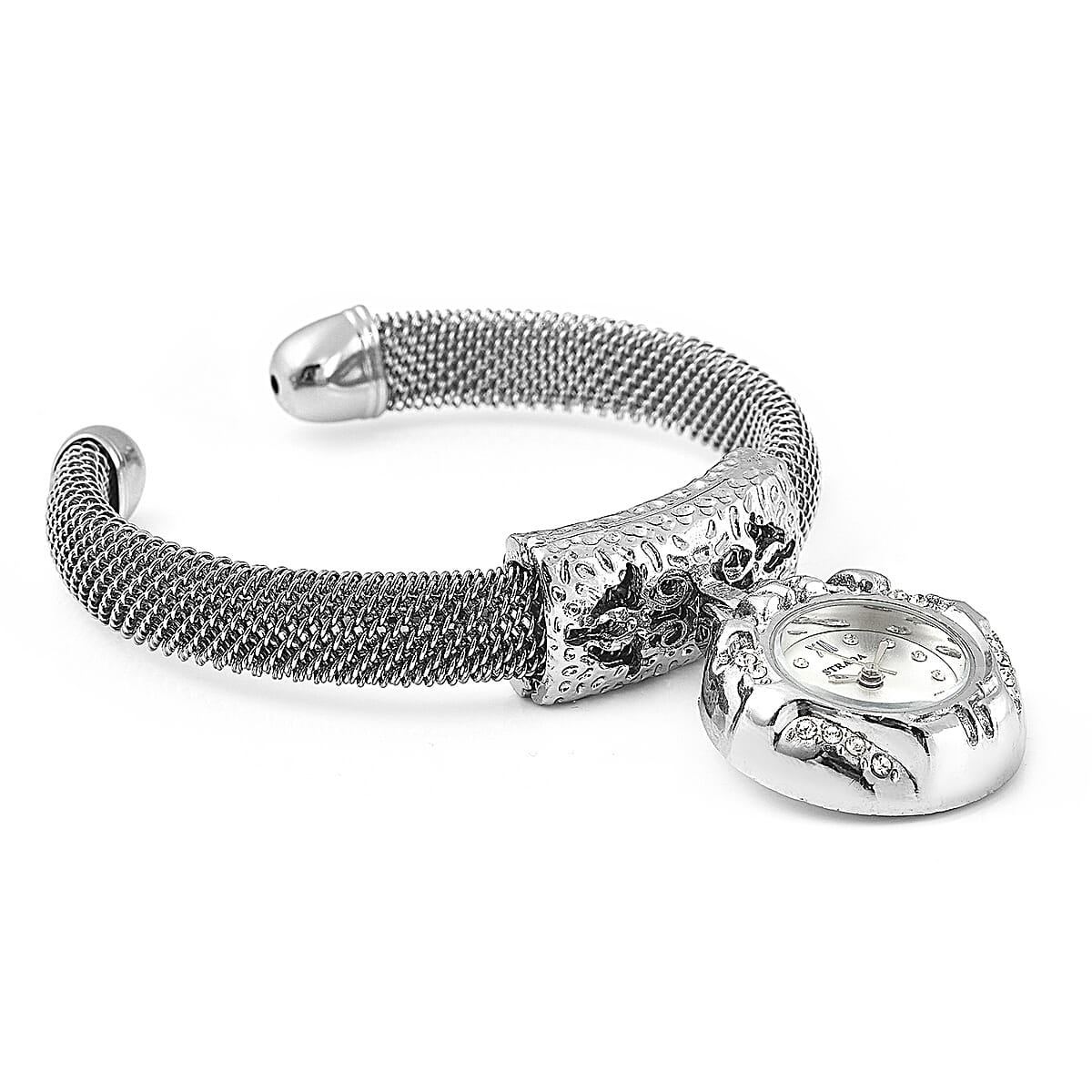STRADA 10th ANNIVERSARY SPECIAL White Austrian Crystal Japanese Movement Dangling Dial Cuff Bangle Watch in Silvertone (6.50 In) image number 3