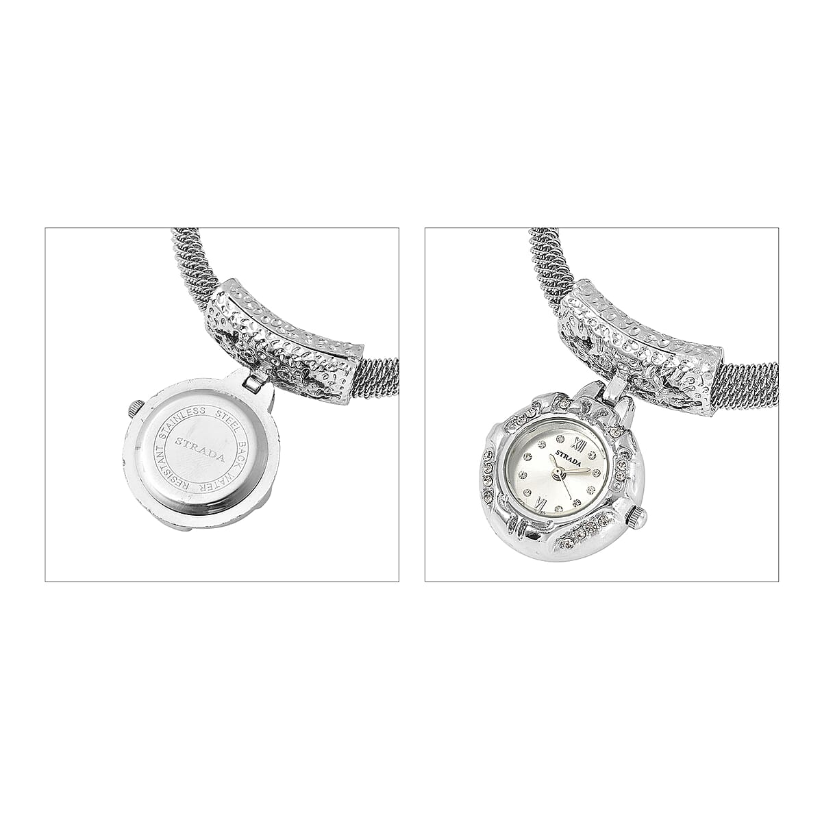 STRADA 10th ANNIVERSARY SPECIAL White Austrian Crystal Japanese Movement Dangling Dial Cuff Bangle Watch in Silvertone (6.50 In) image number 5