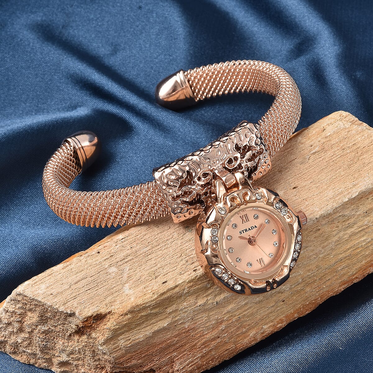 Strada White Austrian Crystal Japanese Movement Dangling Dial Cuff Bangle Watch in Rosetone (6.50 In) image number 1