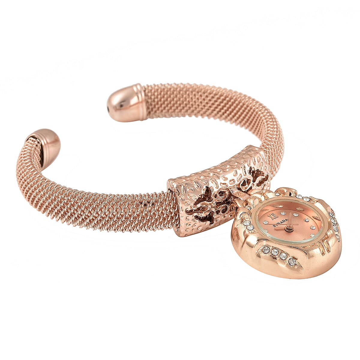 Strada White Austrian Crystal Japanese Movement Dangling Dial Cuff Bangle Watch in Rosetone (6.50 In) image number 3