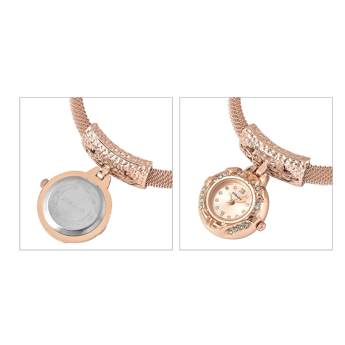 Strada White Austrian Crystal Japanese Movement Dangling Dial Cuff Bangle Watch in Rosetone (6.50 In) image number 5