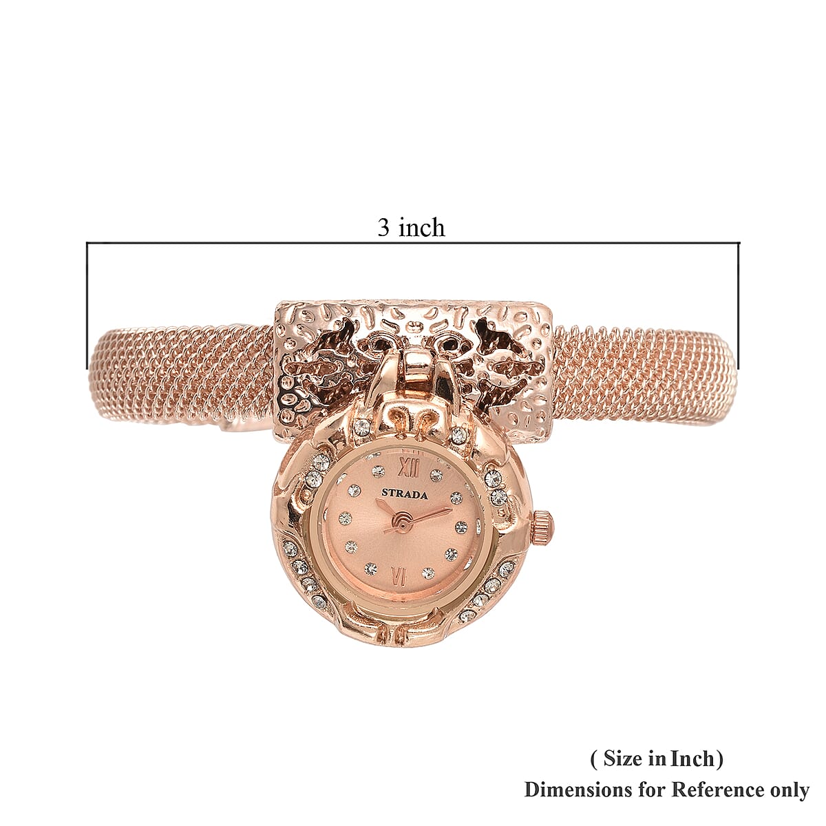 Strada White Austrian Crystal Japanese Movement Dangling Dial Cuff Bangle Watch in Rosetone (6.50 In) image number 6