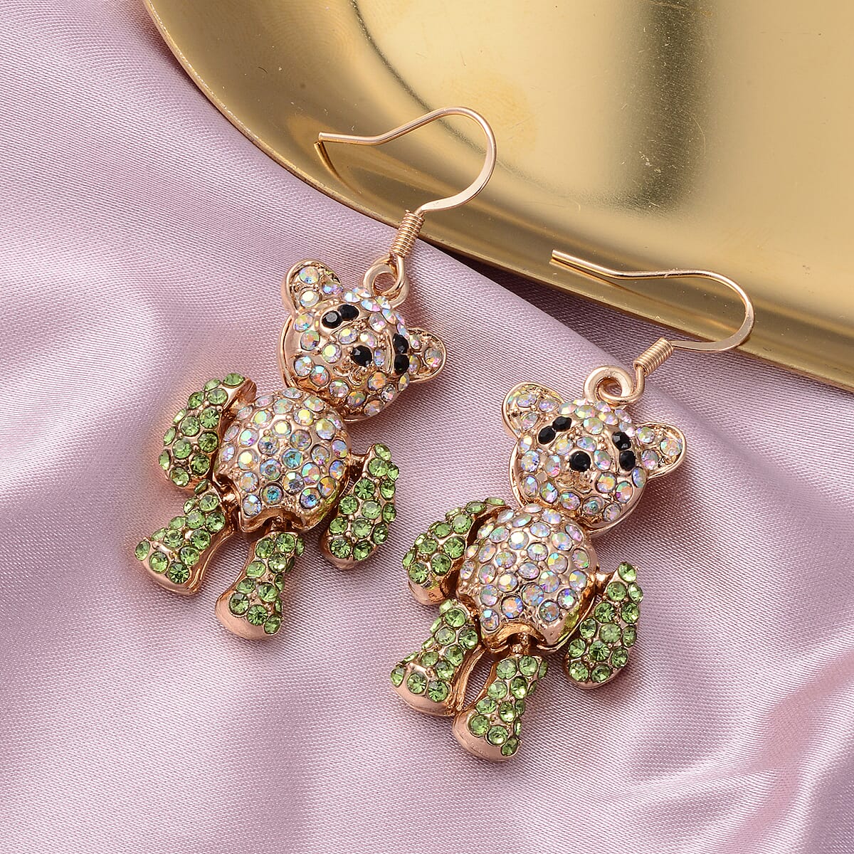 Green, Aurora Borealis and Black Austrian Crystal Teddy Bear Earrings in Goldtone and ION Plated Yellow Gold Stainless Steel image number 1